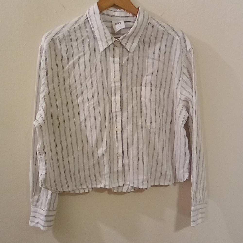 White and Black Striped Button-Up Shirt